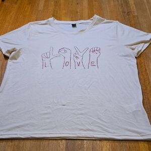 SHEIN Women XL Cream Red Sign Language Love Hand Sign Graphic Short Sleeve Shirt